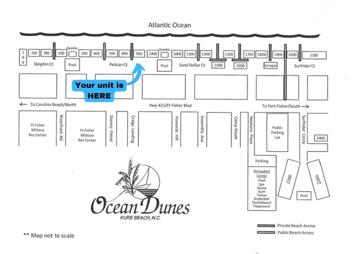 An annotated aerial view showing the proximity of the property to ocean access, community pools, and the exact unit location. The scene includes the sparkling ocean, inviting pools, and green communal areas, tying together the full vacation environment.